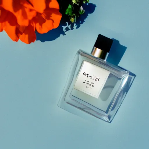 Image similar to centered bright perfume bottle sitting on a white clean surface surrounded by a plethora of white flowers and oranges upfront, with dreamy bright blue sky and clouds in the background, softly - lit, soft - warm, zen, light, modern minimalist f 2 0 clean