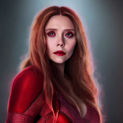 Image similar to Elizabeth Olsen as the Scarlet Witch, Elizabeth Olsen wearing Scarlet Witch attire and makeup, photorealistic imagery, trending on artstation, 4k, 8k