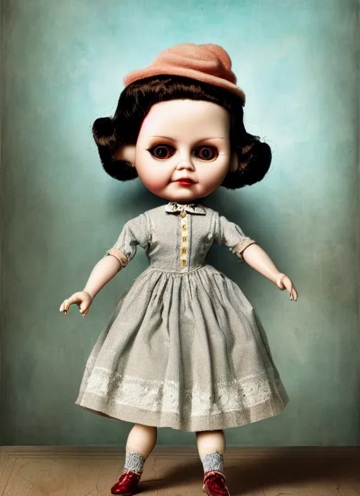 Image similar to highly detailed wide - angle portrait of a retro doll with fingerless hands hands, nicoletta ceccoli, mark ryden, lostfish, earl nore, hyung tae, frank frazetta, global illumination, detailed and intricate environment