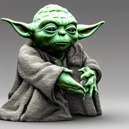 Image similar to 3 d render, yoda kissing the rock