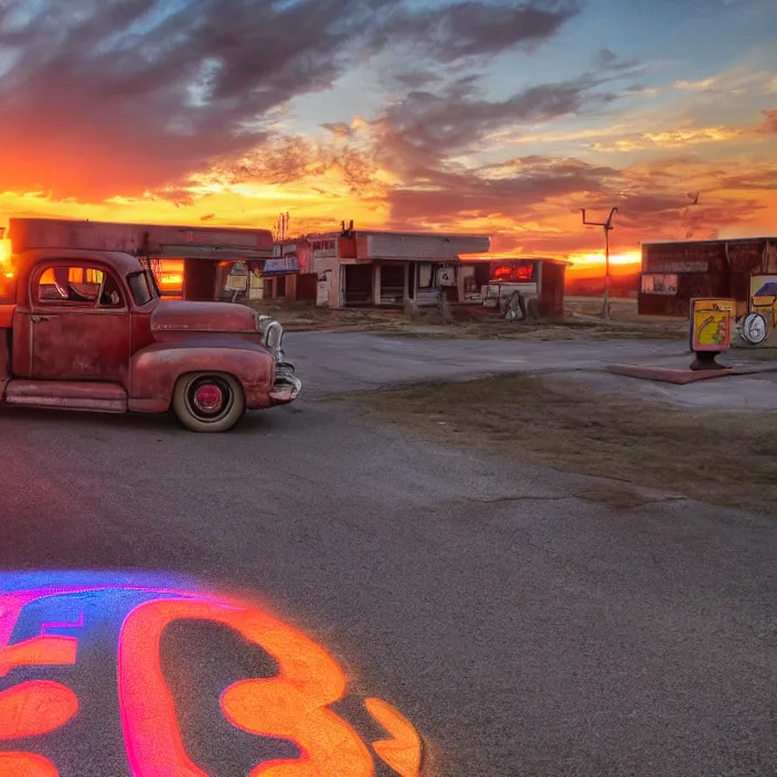 Image similar to a sunset light landscape with historical route 6 6, lots of sparkling details and sun ray ’ s, blinding backlight, smoke, volumetric lighting, colorful, octane, 3 5 mm, abandoned gas station, old rusty pickup - truck, beautiful epic colored reflections, very colorful heavenly, softlight