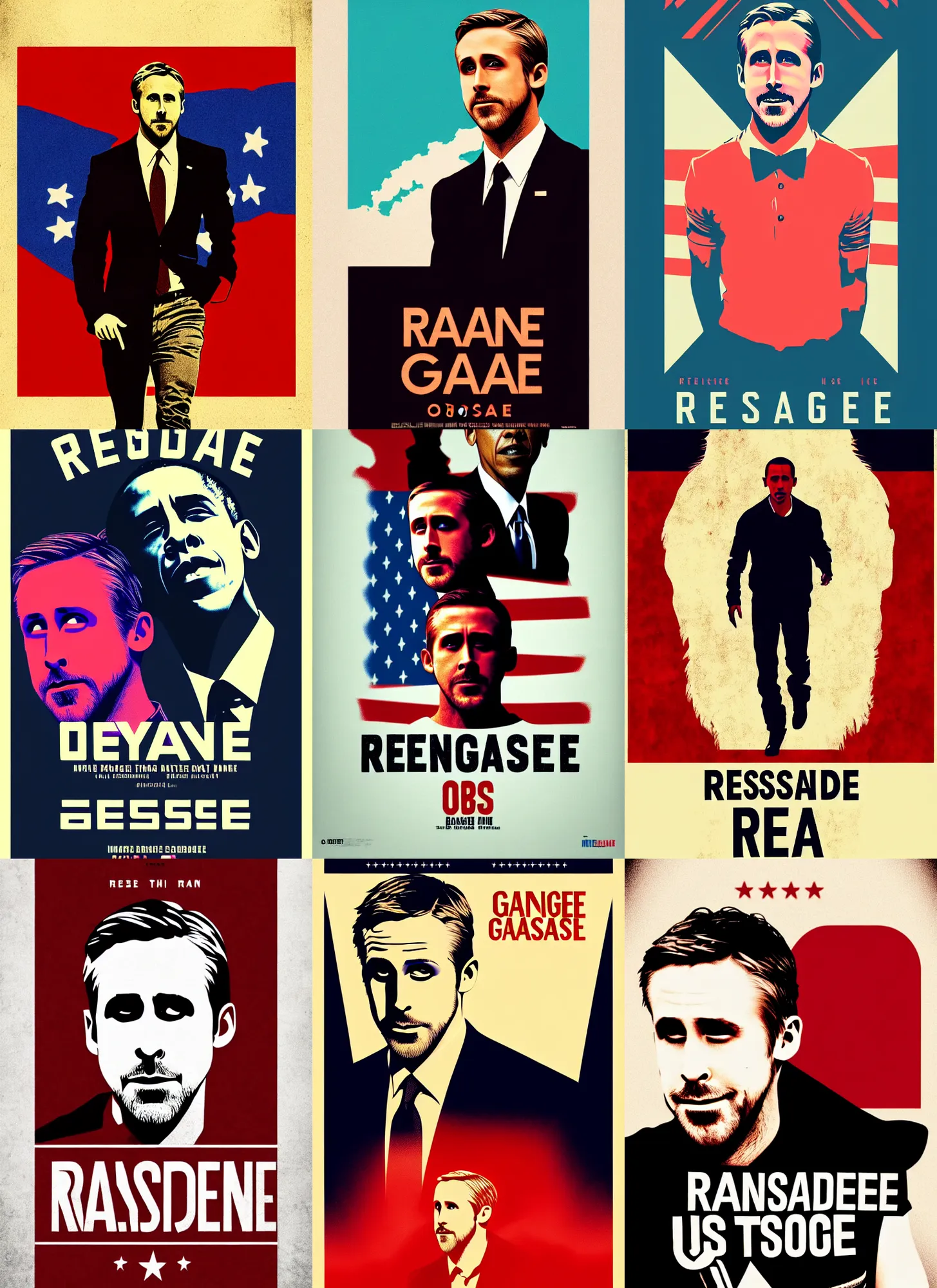 Prompt: renegade, ryan gosling is united states president barack obama, 8 0's movie poster, theatrical poster, vibrant fan art, digital art, trending on artstation, minimalist