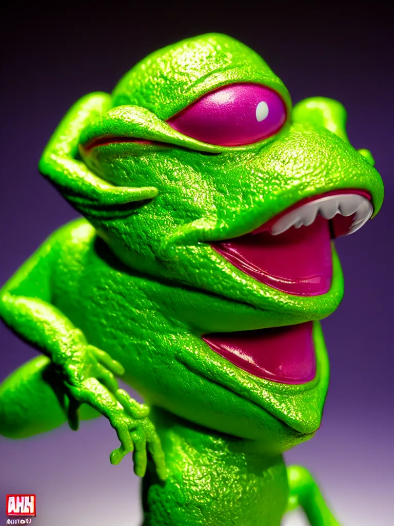 Image similar to hyperrealistic rendering, shiny wet kermit by art of skinner and richard corben and jeff easley, product photography, action figure, sofubi, studio lighting, colored gels, rimlight, backlight