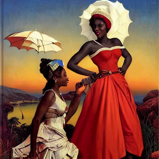 Image similar to an african queen by gil elvgren and norman rockwell and rob gonsalves, hyperrealistic, high detail