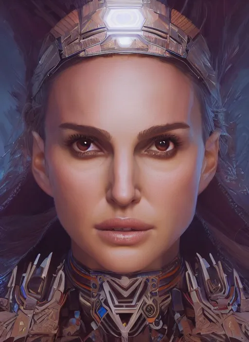 Image similar to symmetry!! portrait of natalie portman in the style of horizon zero dawn, machine face, intricate, elegant, highly detailed, digital painting, artstation, concept art, smooth, sharp focus, illustration, art by artgerm and greg rutkowski and alphonse mucha, 8 k