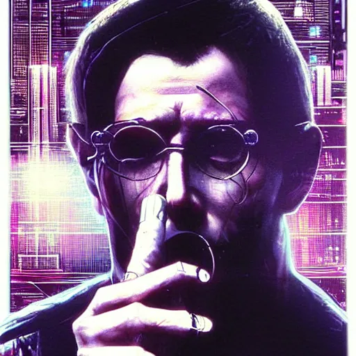 Image similar to Case from the novel Neuromancer, addicted, heavy smoker, portrait shot, wires, cyberpunk, movie illustration, poster art by Drew Struzan