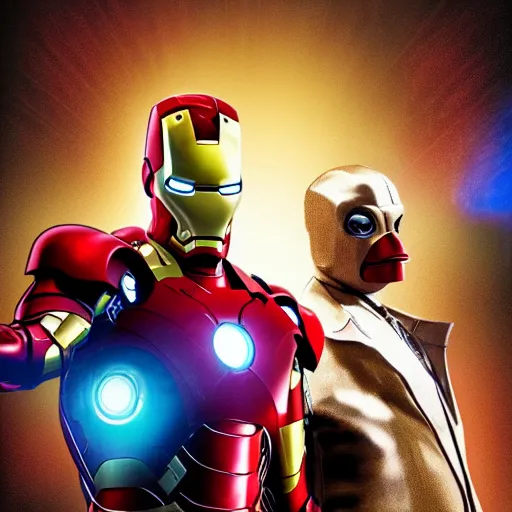 Image similar to iron man and howard the duck, cinematic, 8 k, various digital art