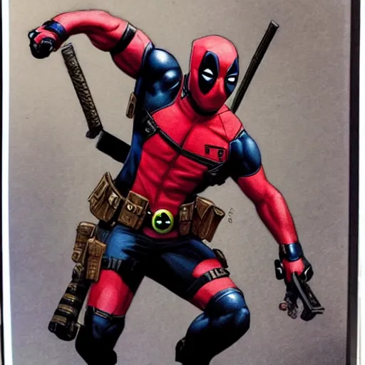 Prompt: photo of a photo pf a photo of deadpool by Justin Gerard