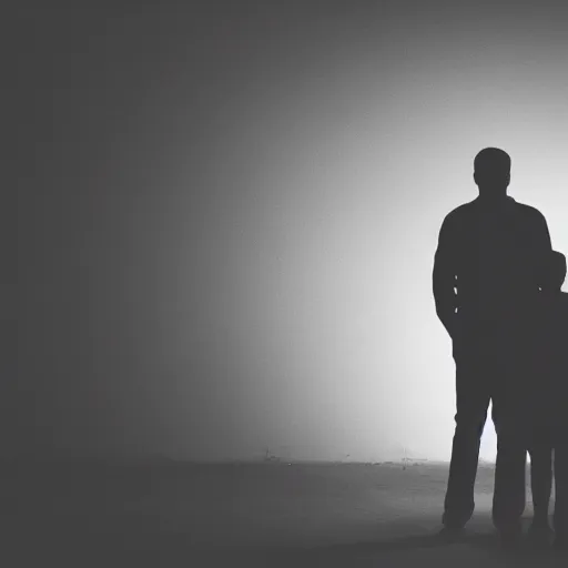 Prompt: dark silhouette of man and background of family portrait