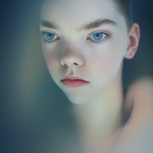 Image similar to portrait of a beautiful girl + anya taylor - joy floating under the deep dream water, beautiful smooth soft light + white petal, by personal photography, art by brookskim, closeup, 4 k, highly detailed, instagram,