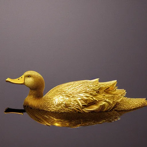 Prompt: hyperrealist highly detailed duck wearing crown, glistening gold, concept art pascal blanche dramatic studio lighting 8k wide angle shallow depth of field