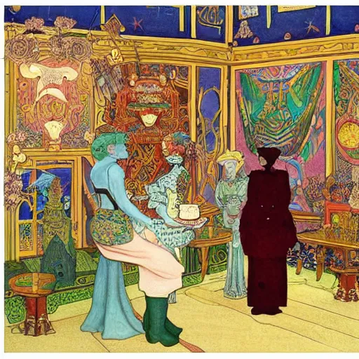 Image similar to detailed Ivan Bilibin and Edmund Dulac and James Jean inspired painting of mech robots having tea with the queen of England in 1953.