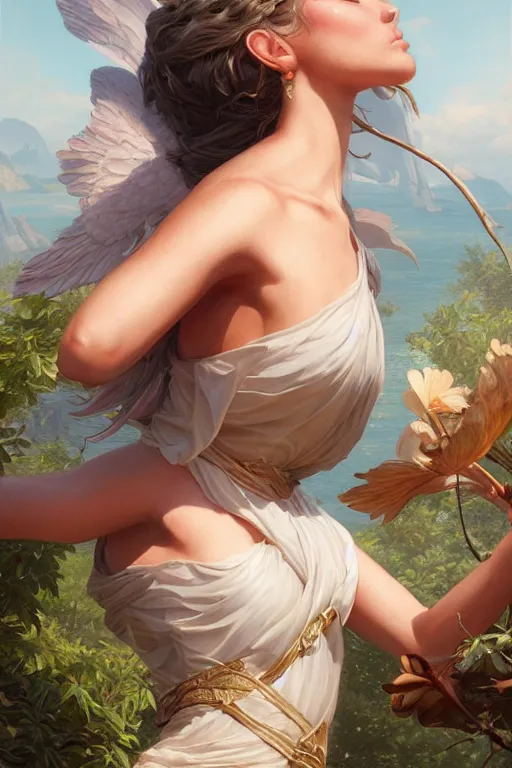 Image similar to goddess of the summer, highly detailed, digital painting, hyperrealistic, hyperdetailed, high resolution, artstation, concept art, smooth, sharp focus, illustration, unreal engine 5, 8 k, art by artgerm and greg rutkowski and edgar maxence