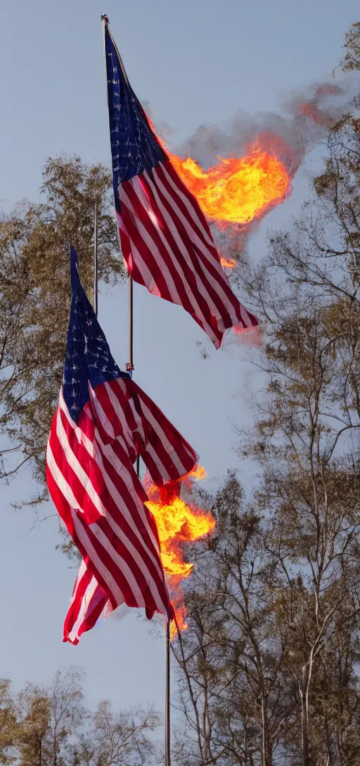 Image similar to american flag being burnt as a much larger USSR flag is being raised up instead, realistic, 4K, real,