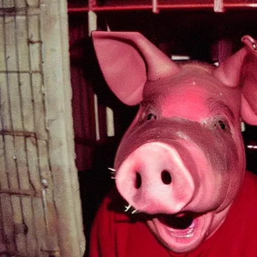 Image similar to creppy 2 0 0 3 photo of a pig masked man screaming in a dark red slaughterhouse