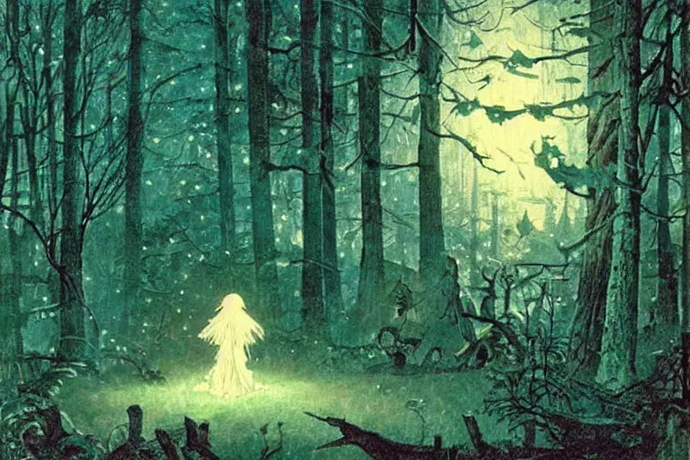 Prompt: a scenic view of a shining ghost in the middle of a magical forest at night, detailed, cinematic, dramatic scene, retro illustration by Norman Rockwell.