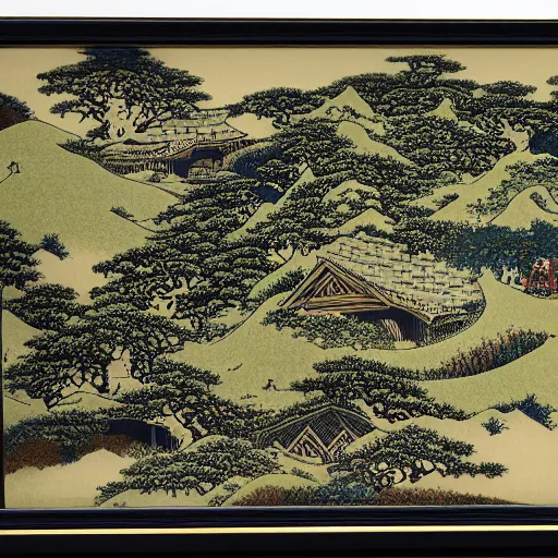 Image similar to the shire, highly detailed, intricate, in the style of hokusai