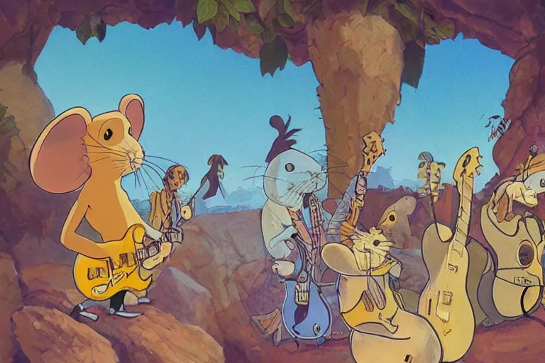 Prompt: rats playing in a rock band dressed as the beatles, beautiful, dreamlike, wholesome, ghibli and disney animation, sharp, intricated, art by ken anderson and mel shaw, bloom, dramatic lighting, brown palette,