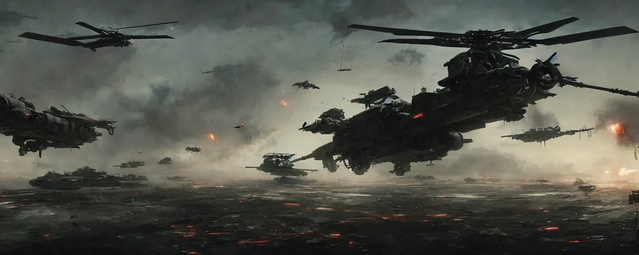 Prompt: a futuristic cyberpunk helicopter in war scene, tank combat in the battlefield, epic scene, by greg rutkowski