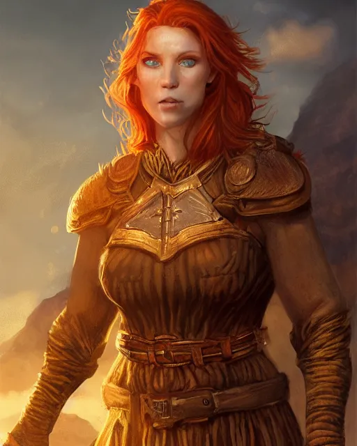 Image similar to the elder scrolls vi, charismatic rugged female redhead breton mage portrait, illustration, rim light, top light, perfectly shaded, golden hour, epic, intricate, soft painting, by leesha hannigan, ross tran, thierry doizon, kai carpenter, ignacio fernandez rios