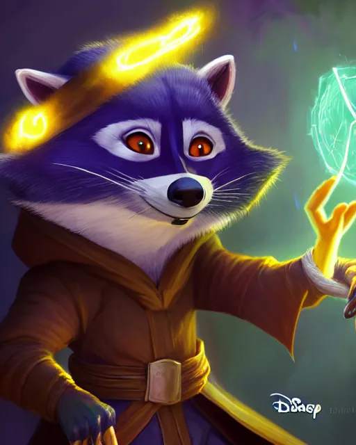 Prompt: closeup, highly detailed digital illustration portrait of hooded sorcerer sly cooper raccoon casting a magical glowing spell in a castle, action pose, d & d, magic the gathering, by rhads, lois van baarle, jean - baptiste monge, disney, pixar,