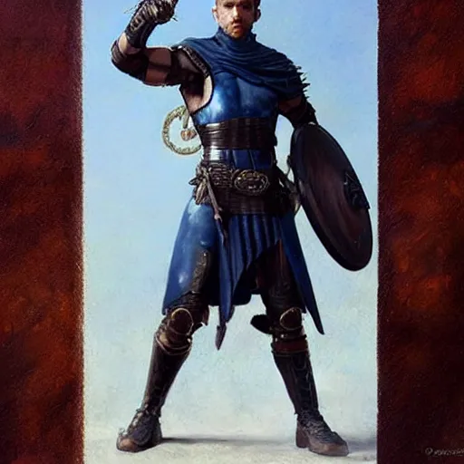 Image similar to young warrior marching toward the viewer, male, muscular, blue eyes!!!!, straight nose!!!, detailed face, exposed thighs!!!, leather, fantasy, medieval, highly detailed, painting by greg rutkowski