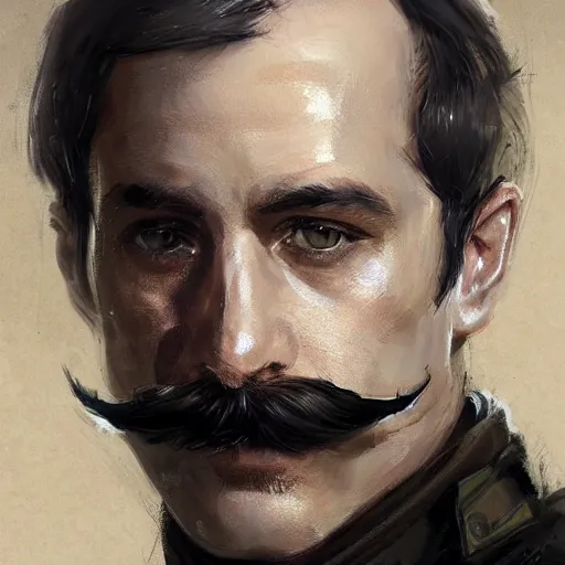 Image similar to portrait of a man by greg rutkowski, british features, short black hair in military style, moustache, perfect military composure, wearing stormtrooper gear, star wars expanded universe, he is about 5 0 years old, highly detailed portrait, digital painting, artstation, concept art, smooth, sharp foccus ilustration, artstation hq