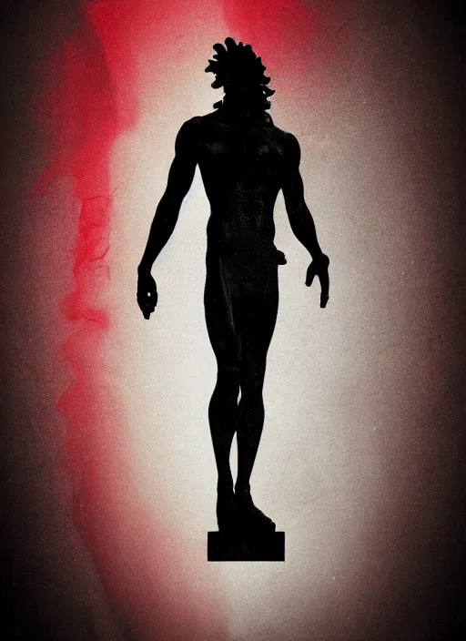 Image similar to dark design poster showing a statue of poseidon, black background with very subtle red and purple design elements, powerful, nekro, vito acconci, thin straight lines, dark, glitch art, neo vaporwave, gritty, layout frame, square, trending on artstation