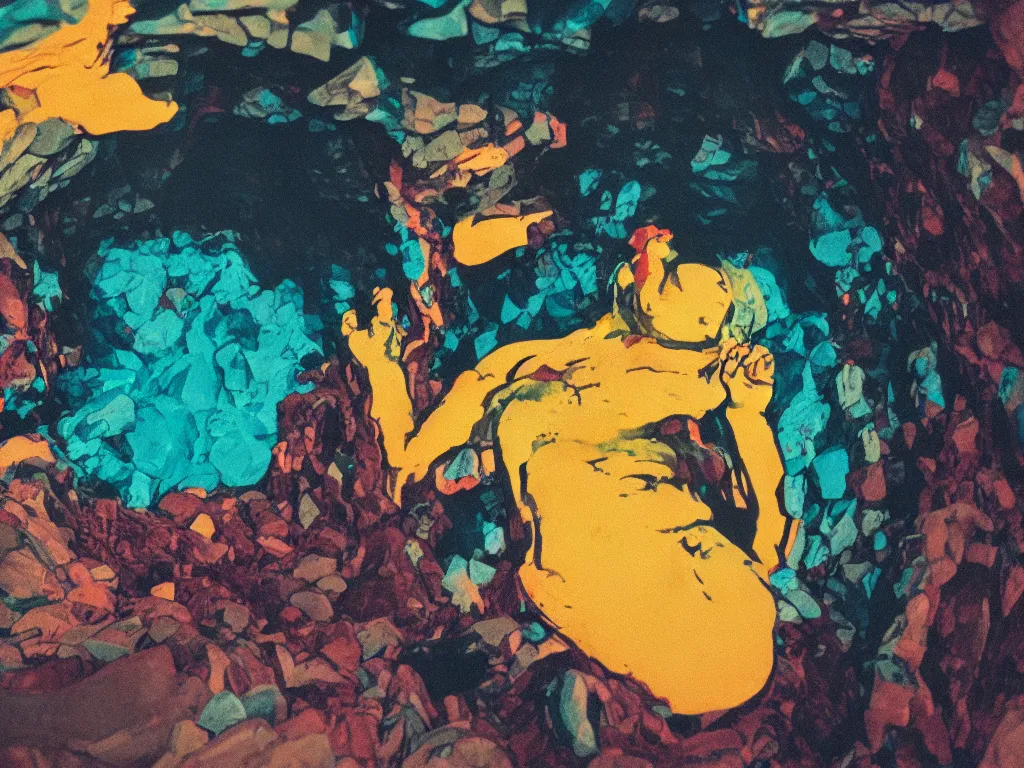 Image similar to pop art portrait of a giant emerging from its slumber deep in a cave of silicon out into an amazing world, 55mm film