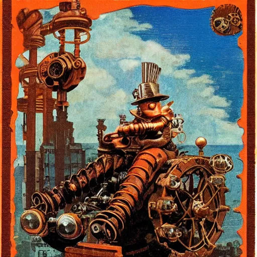 Image similar to bioshock steampunk orange mohawk Streetfighter Gnome Santa riding an intricate clockwork gearwork automaton springs gears bolts wires golem vehicle traveling stamp postcard winslow homer craig j. spearing thomas eakins