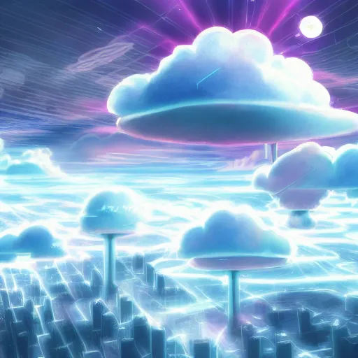 Image similar to this is a beautiful surreal scenery artwork from pixiv. it includes gigantic living inside network of cloud computing material, cloud buildings with internal computer infinites. god lighting, rays, sublimely cold color palette. insanely detailed, artstation!! pixiv!! infinitely detailed