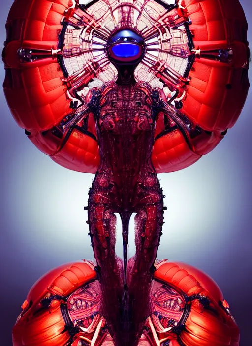 Image similar to background space station, red baroque inflateble dress iris van herpen positing on floor, helmet instead of a head, perfect symmetrical, full body shot, inflateble shapes, wires, tubes, veins, jellyfish, white biomechanical details, wearing epic bionic implants, masterpiece, intricate, biopunk, vogue, highly detailed, artstation, concept art