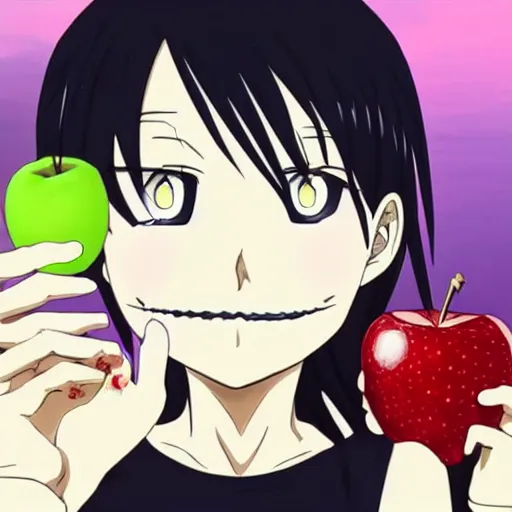 Prompt: anime girl eating an apple next to ryuk from death note