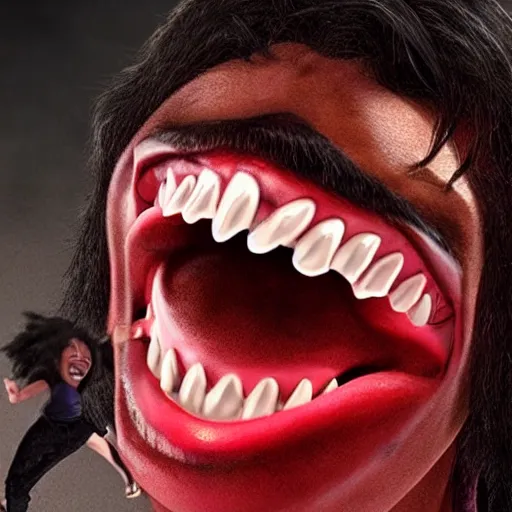 Image similar to caricature of a michael jackson with huge grin sharpy teeth and red glowing eyes still shot from horror 4k