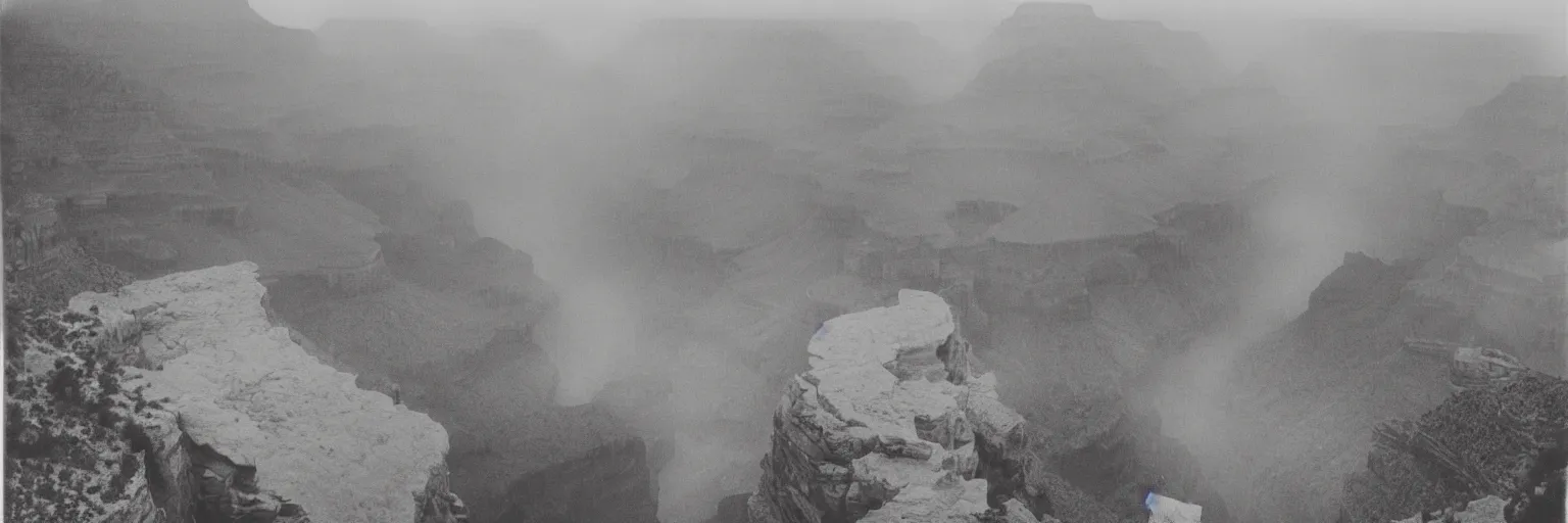 Image similar to the grand canyon made of concrete, looking down, foggy, megalophobia, old polaroid, expired film,