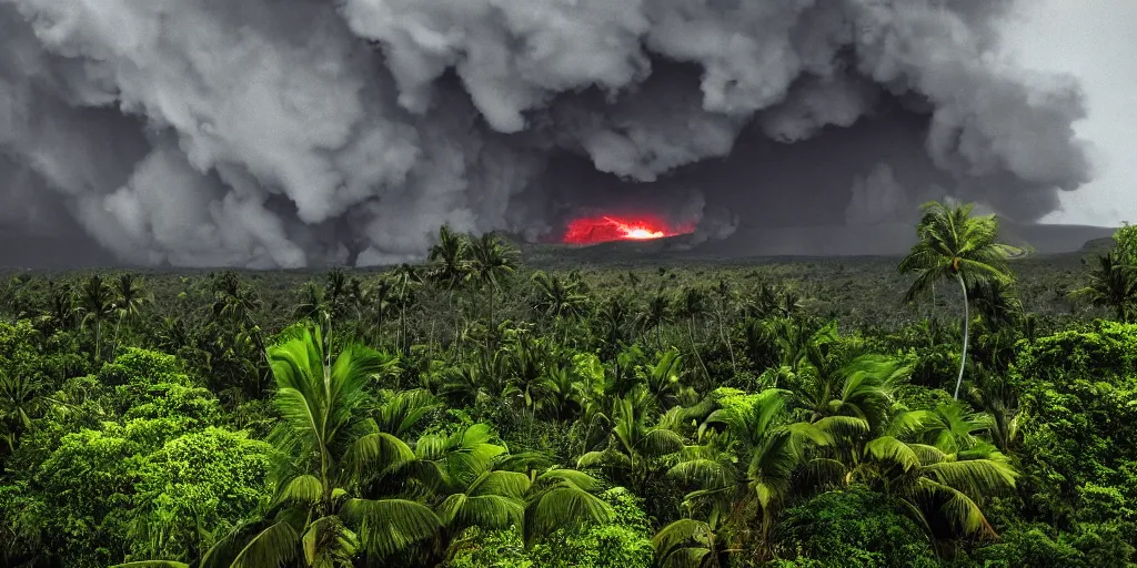 Image similar to atomic blast over a Hawaiian villa in the middle of an tropical forest, ominous Sky, gloomy atmosphere, cinematic, mist, High definition, 8k, ultra detailed