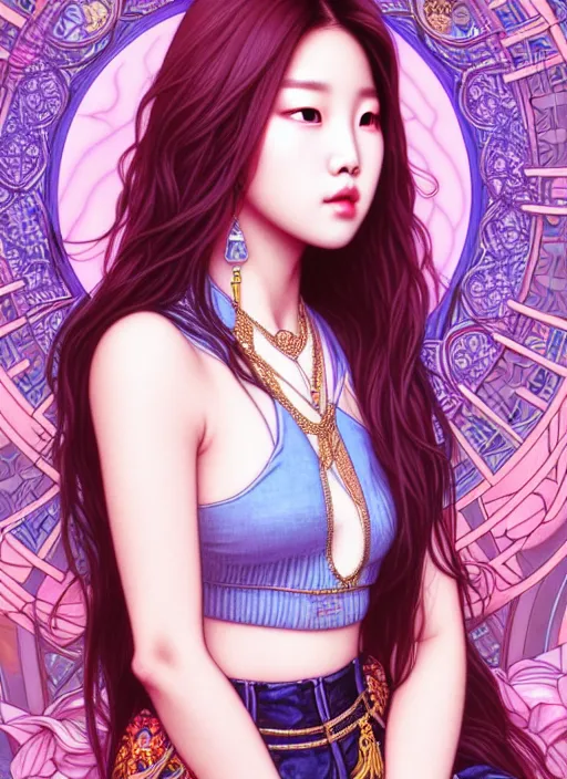 Image similar to roseanne park of blackpink, goddess, tarot card, highly detailed, digital painting, smooth, sharp focus, illustration, ultra realistic, 8 k, art by artgerm and alphonse mucha