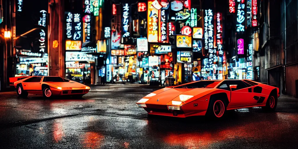 Prompt: photo lamborghini countach parked in a rainy neo tokyo street at night with neon light signs illuminating the scene, sharp focus, highly detailed, ray tracing, cinematic, moody, hdr, 4 k