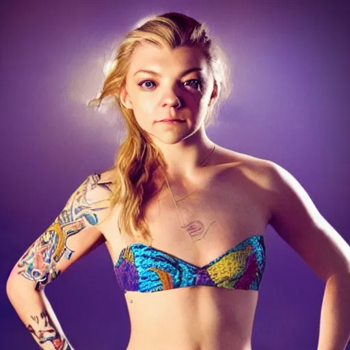 Prompt: natalie dormer as water elemental, beautiful tattoos tiny bikini and miniskirt, highly detailed award winning photography, backlit with colorful highlights