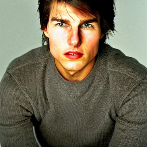 Image similar to a portrait photo of 20 year old tom cruise, with a sad expression, looking forward