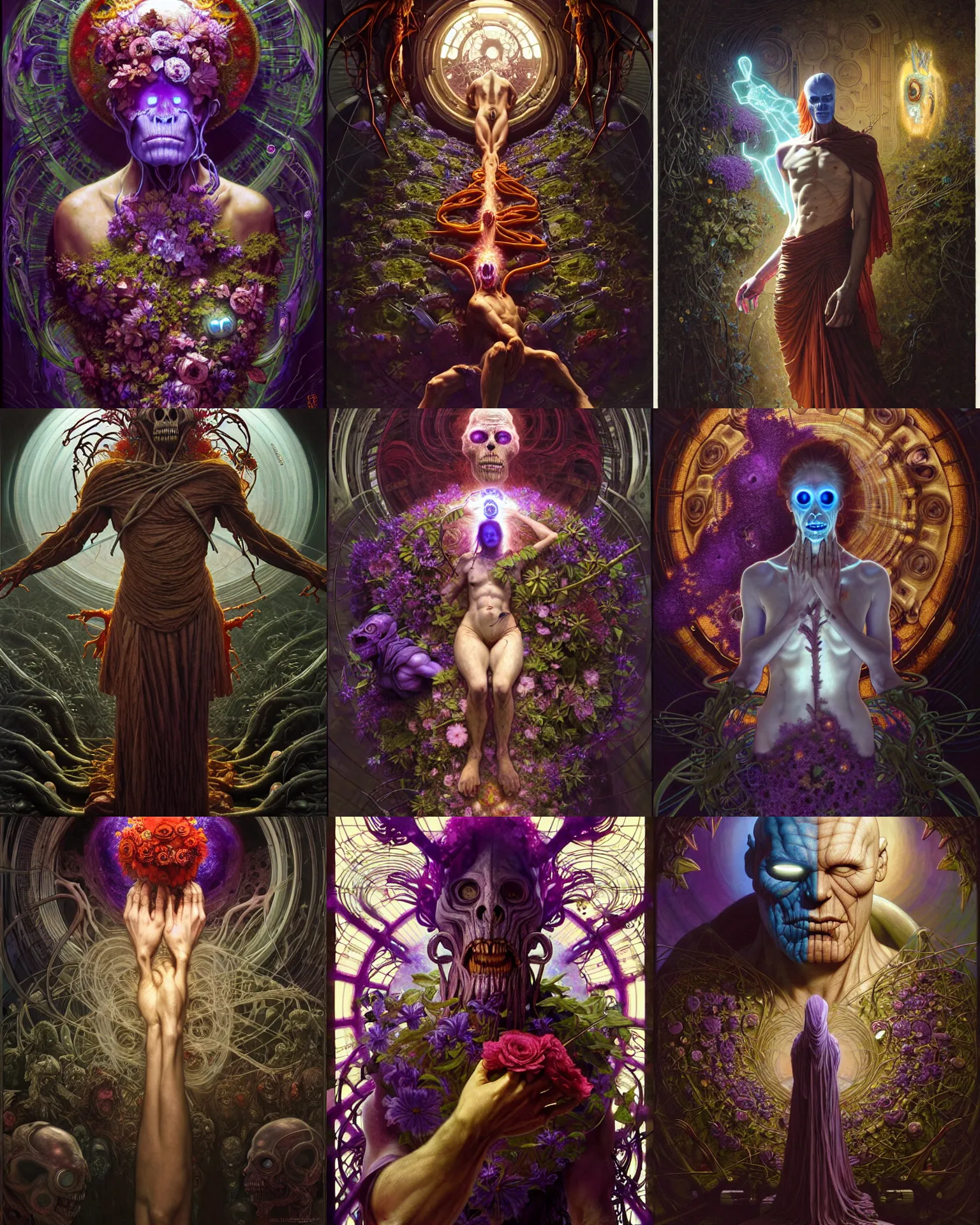 Prompt: the platonic ideal of technology, flowers and ayahuasca cletus kasady ultimate carnage thanos dementor wild hunt doctor manhattan chtulu nazgul mandelbulb davinci, d & d, fantasy, ego death, detailed, intricate, hyperrealism, intense, scary, decay, art by artgerm and greg rutkowski and alphonse mucha