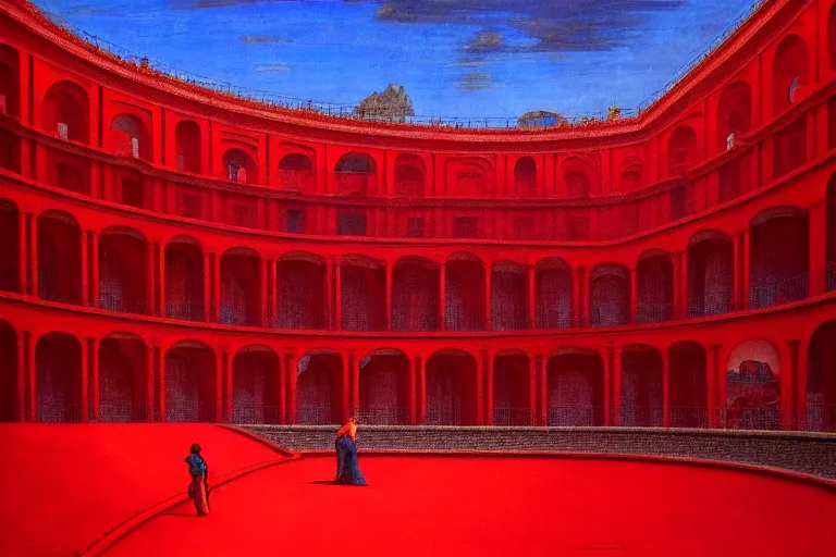 Image similar to only with red, a red great emperor, taormina amphitheatre, crowd with big smile, in the style of beksinski, parts by edward hopper, parts by rodcenko, parts by yue minjun, intricate and epic composition, red by caravaggio, insanely quality, highly detailed, masterpiece, red light, artstation, 4 k