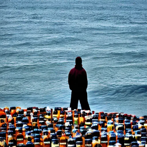 Image similar to hobo on sea with million bottles