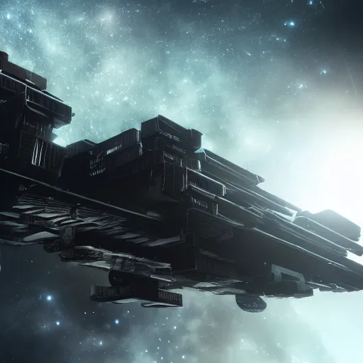 Prompt: spaceship transporting cargo containers, black background, eve online, the expanse, long shot, gritty, industrial