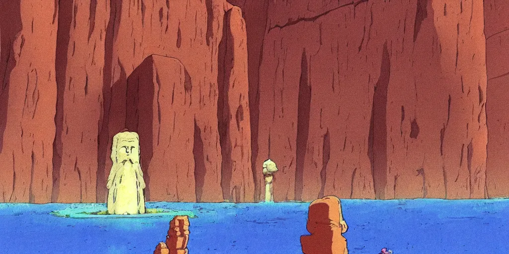 Image similar to a realistic cell - shaded studio ghibli concept art from paprika ( 2 0 0 6 ) of a hairless ape from close encounters of the third kind ( 1 9 7 7 ) in a flooded monument valley easter island. very dull colors, wide shot, hd, 4 k, hq