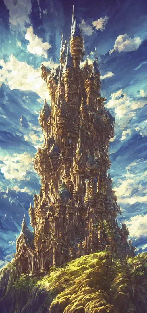 Image similar to An imposing and highly ornamented fantasy castle, Carved from Sapphire stone, Atmosphere, Dramatic lighting, Beautiful Landscape, Epic composition, Wide angle, by Miyazaki, Nausicaa, Ghibli, Breath of The Wild