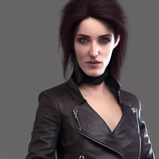 Prompt: a woman in a leather jacket posing for a picture, concept art by senior character artist, cgsociety, shock art, androgynous, daz3d, full body