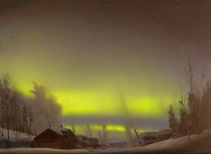 Prompt: aurora borealis above the snowed in fields and villages of lapland, finland in the style of hudson river school of art, oil on canvas