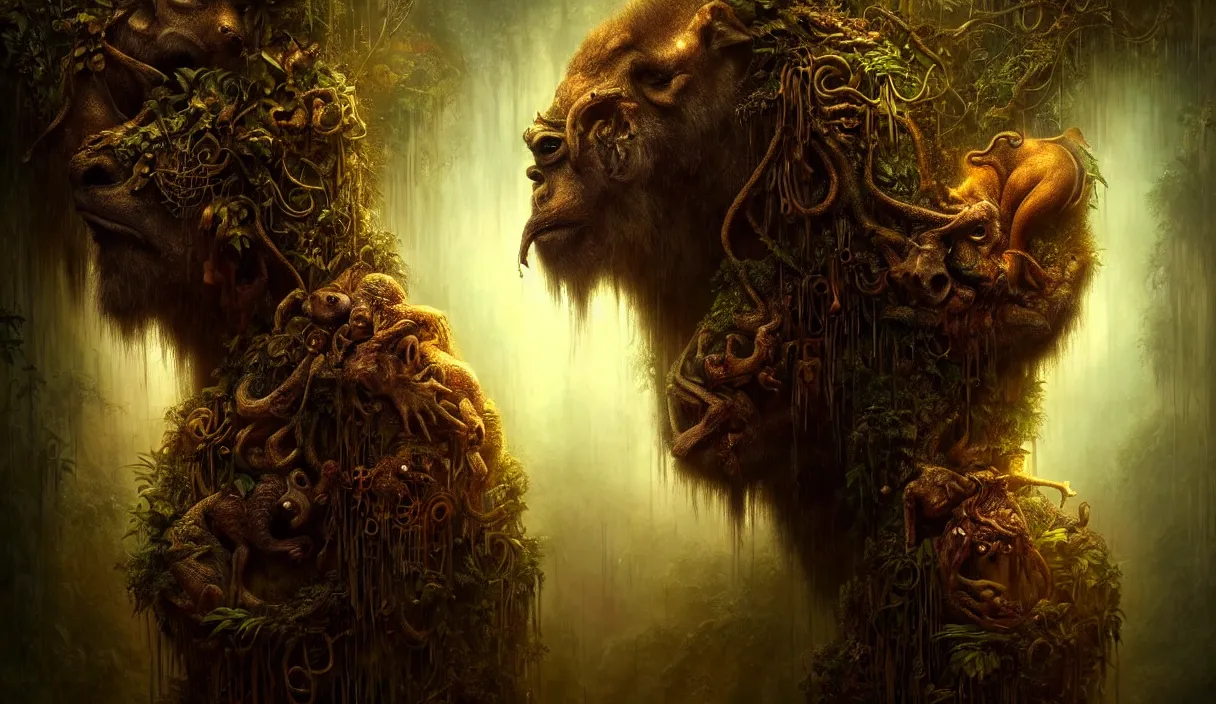 Image similar to epic professional digital art hungry eyes, gold ambient light, painted, mysterious, closeup cinematic jungle scene, eerie, mythic, detailed, intricate, grand, leesha hannigan, wayne haag, reyna rochin, ignacio fernandez rios, mark ryden, van herpen, artstation, cgsociety, epic, stunning, gorgeous, much wow