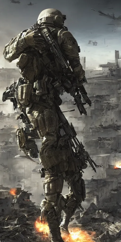 Image similar to concept art, world war iii, war scenes, special forces operations, exoskeleton armor, high - tech weapons, cyberpunk, call of duty future war, smooth lines, high detail, 8 k, octane rendering, unreal engine.